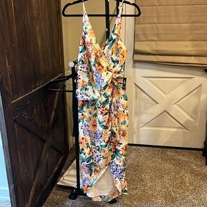 Express 
Floral Satin Twist Waist Hi-Lo Midi Dress
